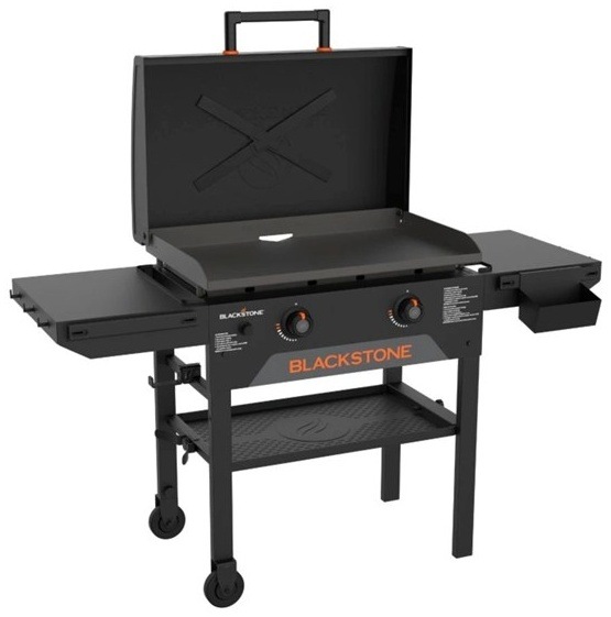 Blackstone 28" griddle s otvorenou pokrievkou, bočnými stolíkmi a krabičkou, čierna farba.