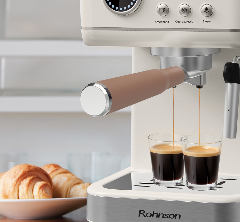 Pákový kávovar Rohnson R-98036 Hot & Cold krémový Detailný pohľad na prípravu dvoch šálok kávy súčasne.
