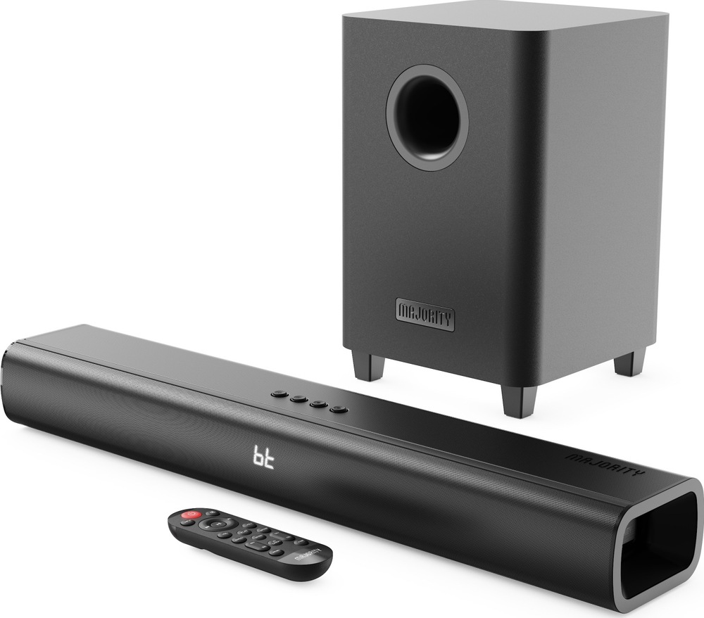 Čierny soundbar Majority Naga 60 Plus s bezdrôtovým subwooferom a diaľkovým ovládačom.