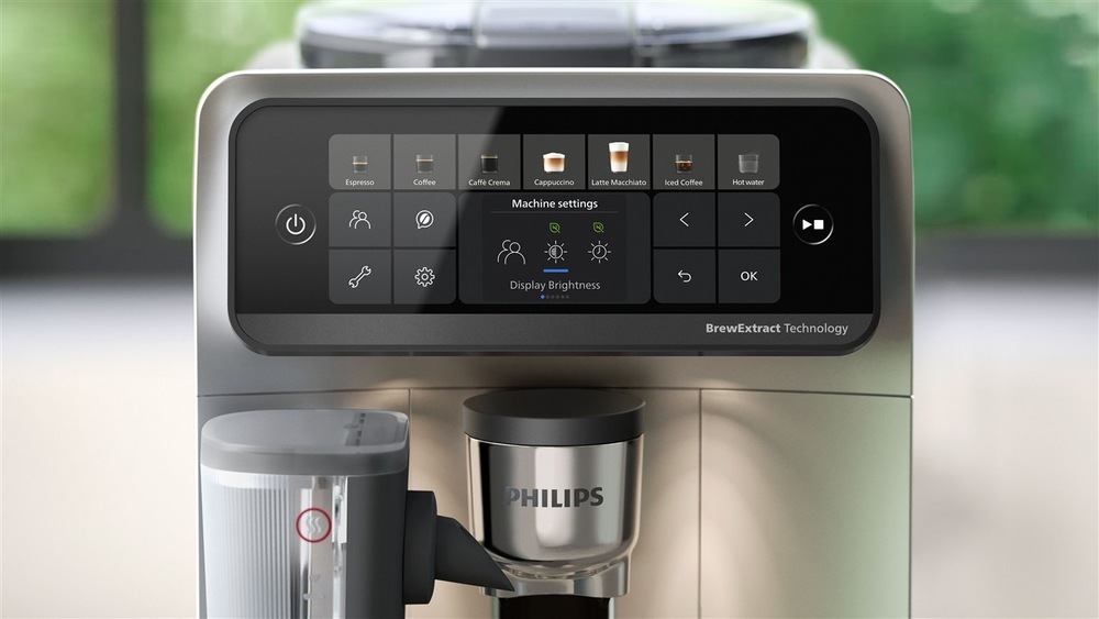Detail ovládacieho displeja automatického kávovaru Philips s nápisom BrewExtract Technology
