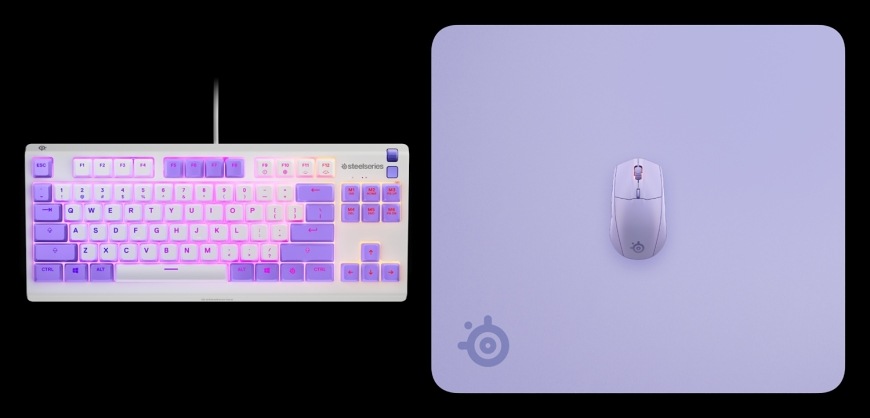 SteelSeries Apex 3 TKL Amethyst vedľa myši na podložke