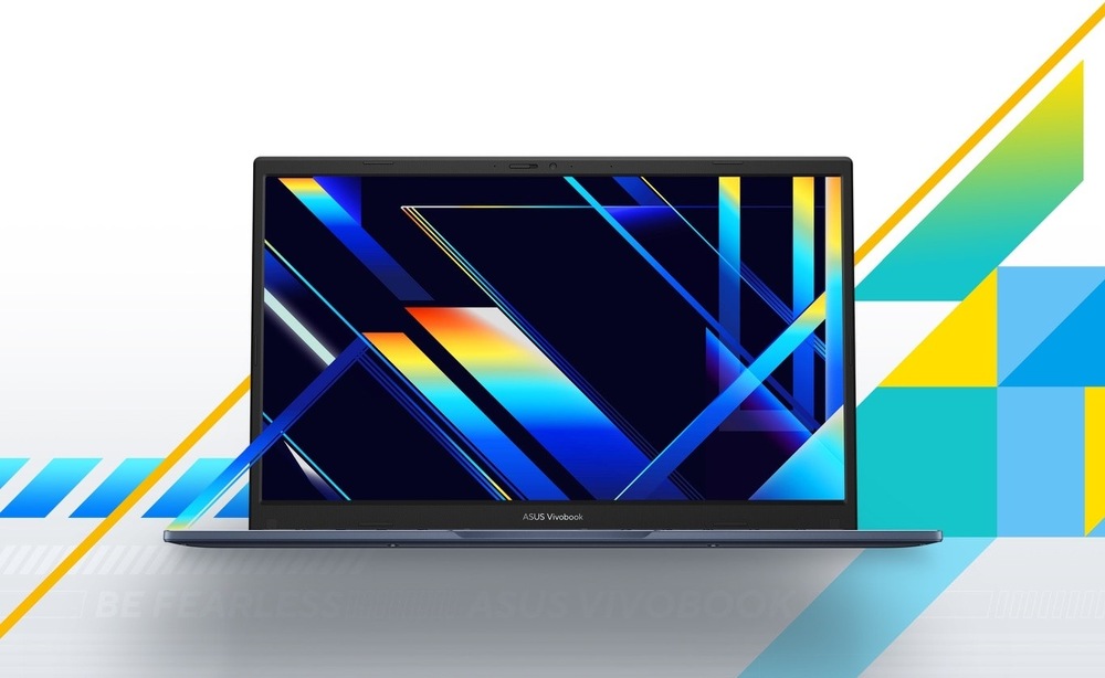 Predný pohľad na otvorený notebook ASUS Vivobook 14 s kvalitným displejom a tenkými rámčekmi