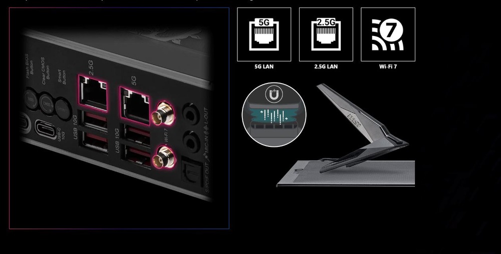 Základná doska MSI MPG Z890 CARBON WIFI Obrázok zobrazuje zadný panel počítača s niekoľkými portami, vrátane USB, HDMI a Ethernet. Ikony hore označujú podporu 5G LAN a Wi-Fi 7. Vpravo je vyobrazená čierna anténa.