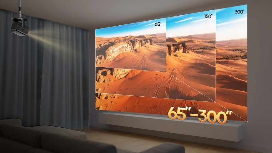 Laser TV Hisense C3 Laser TV Hisense C3 v miestnosti a ukážka rôznych uhlopriečok