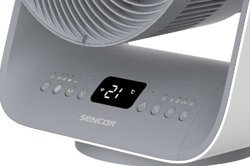 Teplovzdušný ventilátor Sencor SFH 9200GY sivý Detail dotykového ovládacieho panelu a displeja cirkulátora Sencor SFH 9200GY so zobrazenou teplotou.