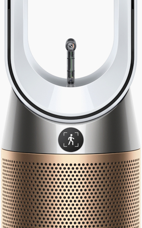 Čistička vzduchu Dyson Find+Follow™ Cool PC3 TP14 biela/zlatá Detail hornej časti čističky Dyson so senzorom kvality vzduchu a ikonou detekcie pohybu.