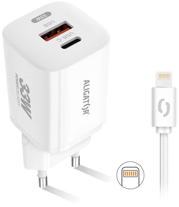 Nabíjačka do siete Aligator Power Delivery 33W, USB-C + USB-A + kábel pre Apple biela
