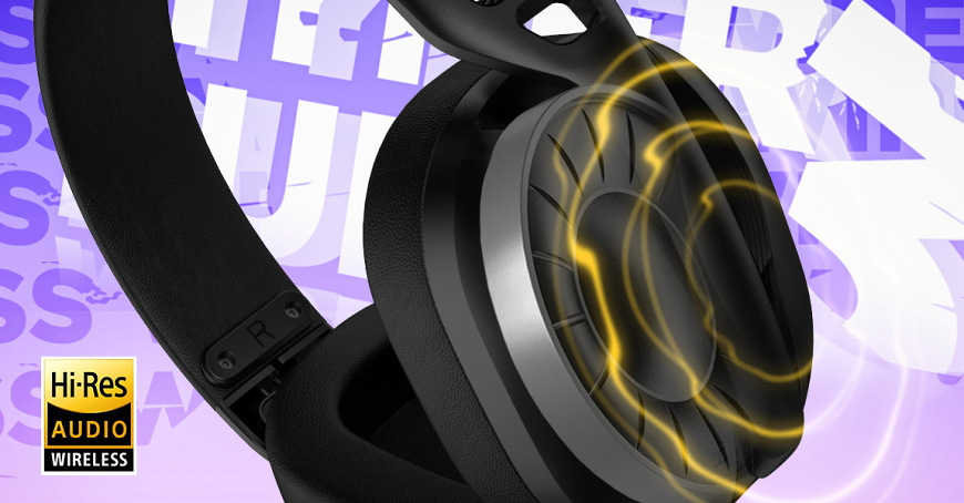 Headset HATOR Hyperpunk 3 čierny Vizualizácia zvukových vĺn v náušníku headsetu HATOR Hyperpunk 3 Wireless s označením Hi-Res Audio