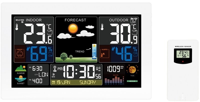 Meteostanica Solight TE81XL-W zobrazuje vnútornú a vonkajšiu teplotu, vlhkosť, atmosférický tlak, dátum, hodiny, čas