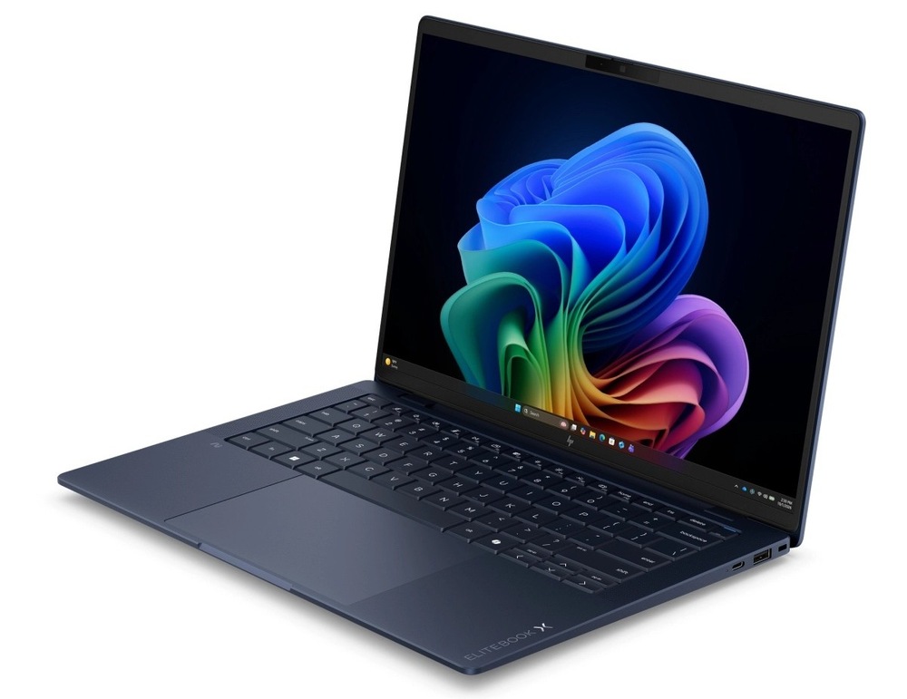 Otvorený a zapnutý notebook HP EliteBook X G2i otočený doľava