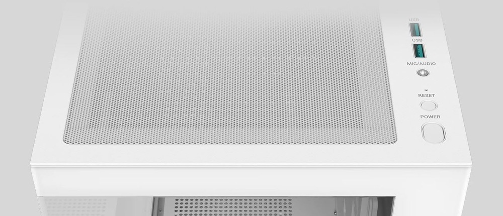 Case DeepCool CG580 biela Horný pohľad na elegantnú bielu počítačovú skriňu s perforovaným kovovým panelom na vetranie, USB porty a audio konektory na boku.