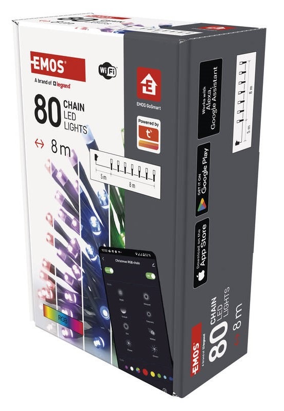 Vianočné osvetlenie EMOS GoSmart 80 LED reťaz, 8 m, vonkajšie aj vnútorné, RGB, časovač, Wi-Fi