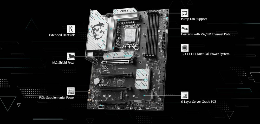 Základná doska MSI B860 GAMING PLUS WIFI Počítačová základná doska s označenými funkciami: rozšírený chladič, podpora ventilátora čerpadla a EZ M.2 Shield Frozr.