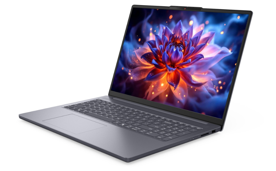 Notebook Lenovo IdeaPad Slim 3 16IPH11 sivý Otvorený a zapnutý notebook Lenovo IdeaPad Slim 3 16IPH11 otočený doľava