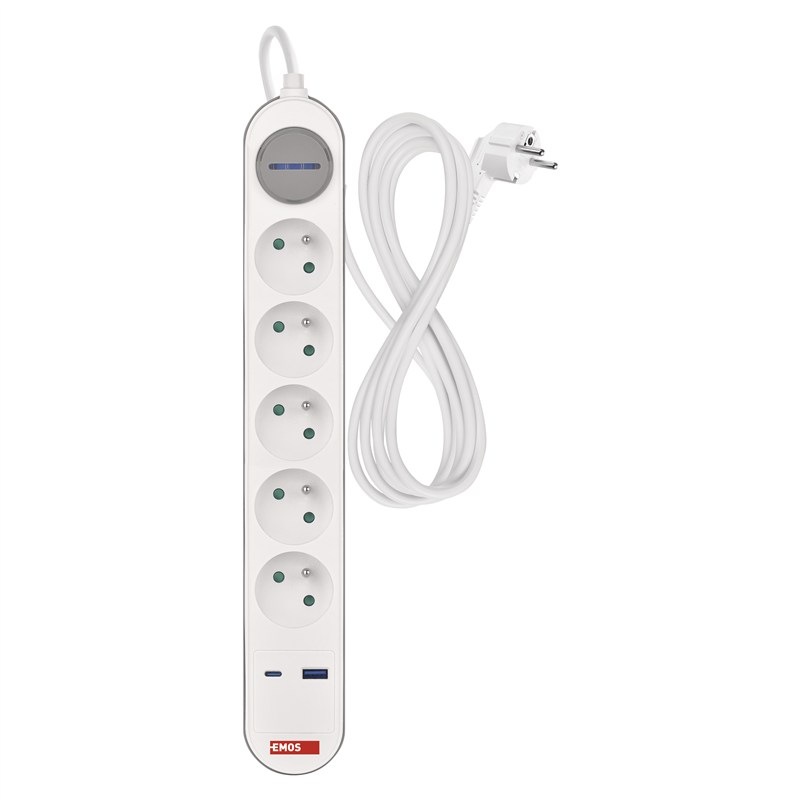 Kábel predlžovací EMOS 5Z 3M S VYP.1,5MM+USB A+C, šedá a biela