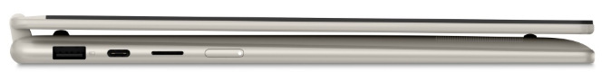 Notebook Lenovo Yoga 7 2-in-1 14AKP10 béžový Bočný pohľad na Lenovo Yoga 7 2-in-1 14AKP10 s USB portami a čítačkou microSD kariet