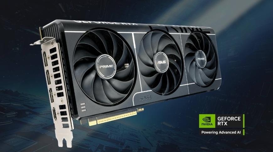 Grafická karta Asus PRIME GeForce RTX 5070 12GB Asus Prime GeForce RTX 5070 OC 12G prezentovaná v hernom prostredí s logom NVIDIA GeForce RTX Powering Advanced AI