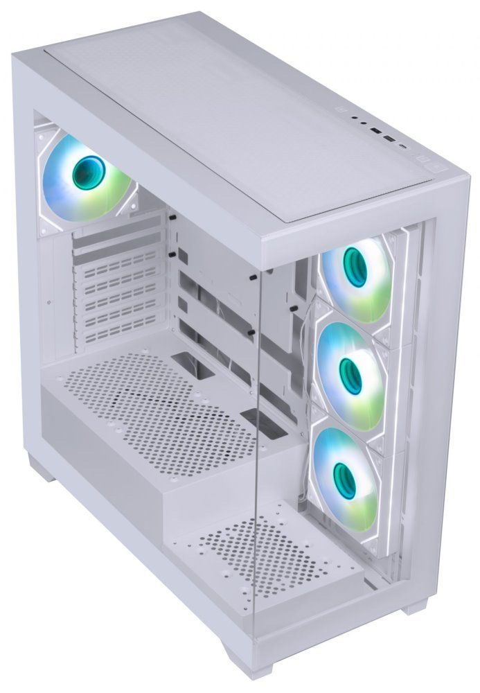 Case BitFenix CETO biela Na fotke je biela PC skriňa BitFenix CETO/CETO Cube z pohľadu cez ľavý predný bok. Skriňa má „panoramatické“ presklenie – priehľadné čelo a ľavá bočnica z tvrdeného skla, takže je vidieť dovnútra. ARGB ventilátory svietia na pravom boku (vnútorné bočné pozície) a jeden je vidieť aj vzadu, takže podsvietenie vytvára výrazný svetelný efekt aj pri pohľade z rohu skrine.