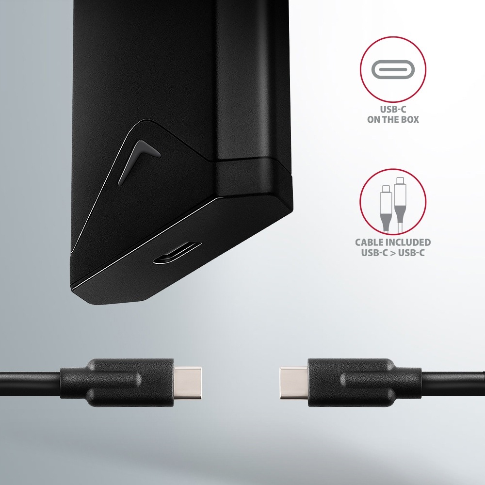 Detail externého rámčeka Axagon Black Arrow so vstupom USB-C a detail konektorov USB-C