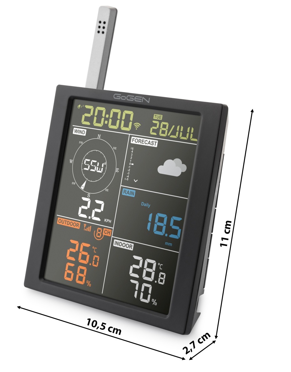 Meteorologická stanica GoGEN ME 3700 WiFi čierna Hlavná jednotka meteostanice GoGEN ME 3900 s uvedenými rozmermi
