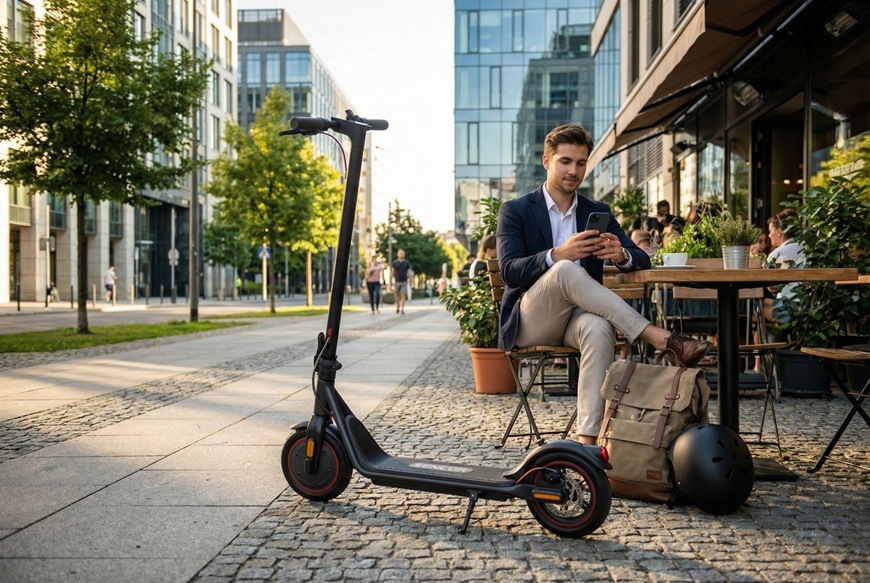 Elektrická kolobežka Sencor SCOOTER S21 čierna Elektrická kolobežka Sencor stojí zaparkovaná pri vonkajšom stolíku kaviarne v modernej mestskej štvrti. Muž sedí pri stole, kontroluje telefón a vedľa neho má položenú helmu aj pracovnú tašku.