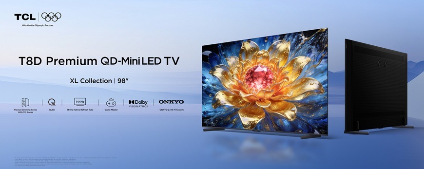 Televízor TCL 98T8D Televízia TCL 98T8D s tenkým bezrámčekovým dizajnom a QD Mini LED panelom zobrazuje detailný kvetinový motív s výraznými farbami a vysokým jasom
