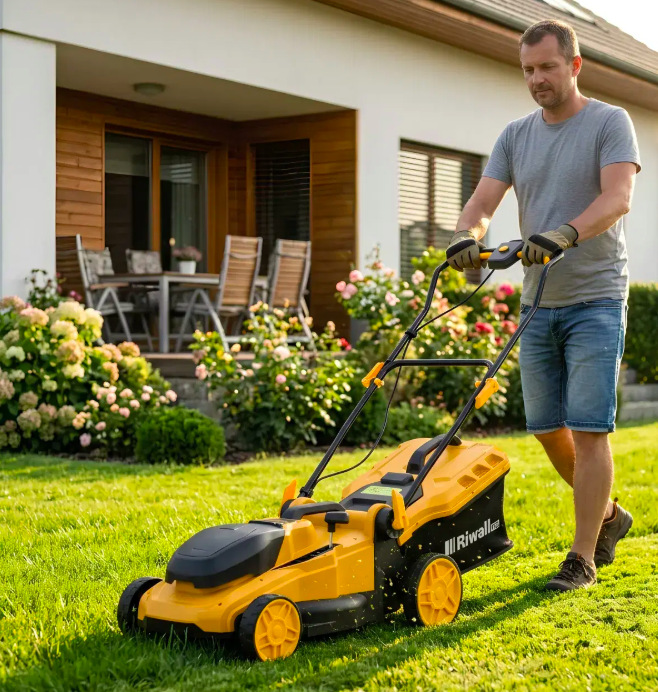 Muž kosí trávnik pri rodinnom dome s akumulátorovou kosačkou Riwall RALM 4020i SET.