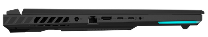 Notebook Asus ROG Strix G18 sivý Bočný panel notebooku s portami RJ45, HDMI, USB-C a napájacím konektorom
