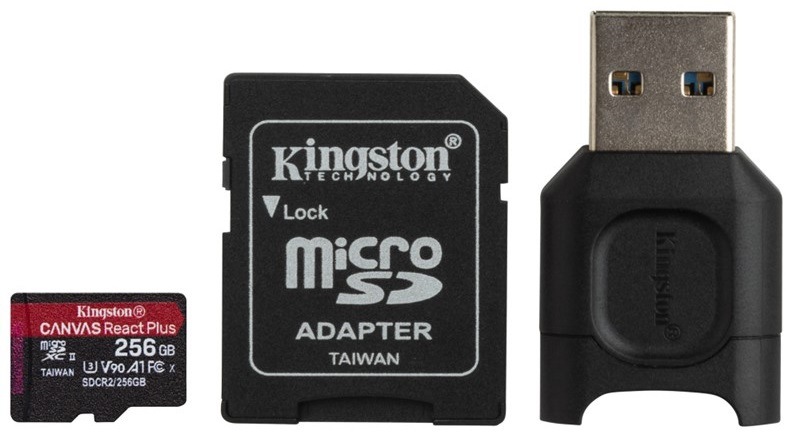 Pamäťová karta Kingston Canvas React Plus MicroSDXC 256GB UHS-II U3 ​​(285R/165W) + adaptér + čítačka