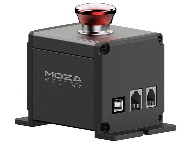 Tlačidlo Moza Racing E-Stop v čiernej farbe s červenými akcentmi.