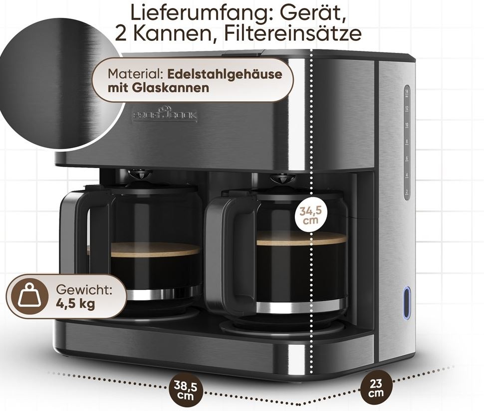 Kávovar ProfiCook KAD 1308 DIX rozmery a príslušenstvo