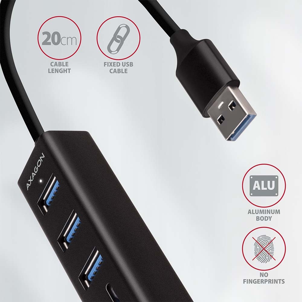 USB Hub Axagon USB 3.2 Gen 1 húb, 3x USB-A + čítačka kariet SD/microSD, kábel USB-A 20cm čierny