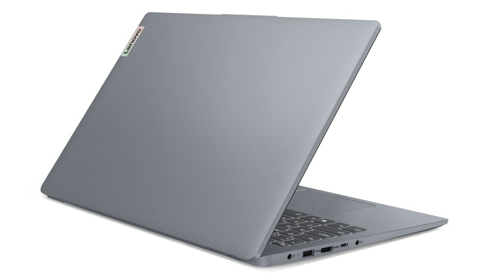 Notebook Lenovo IdeaPad Slim 3 15ABR8 sivý Pootvorený notebook Lenovo IdeaPad Slim 3 15ABR8 zozadu