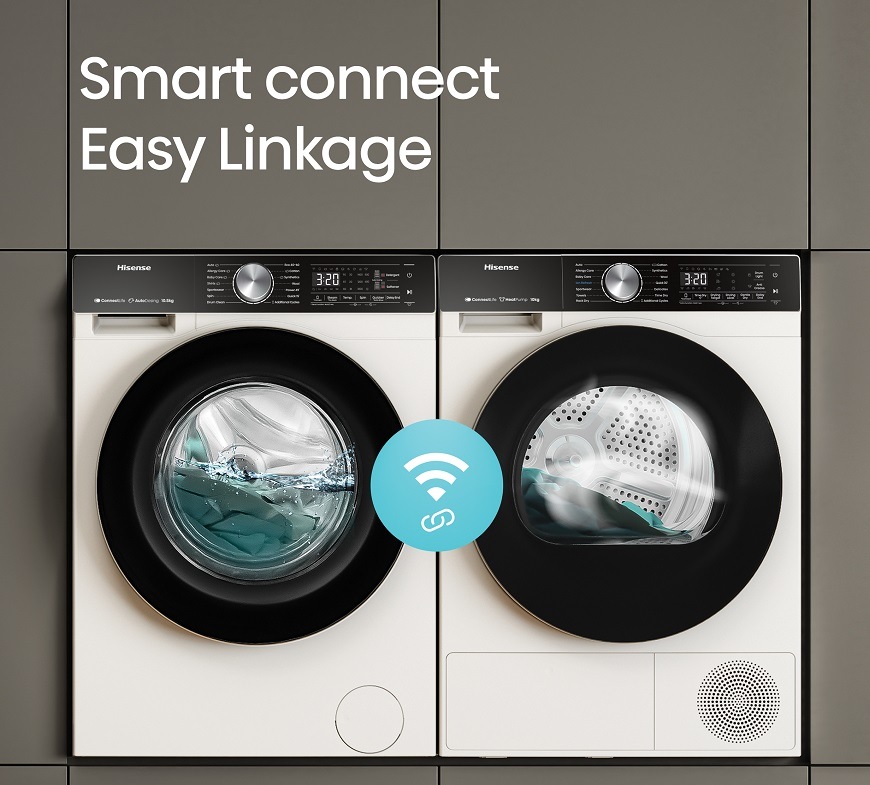 Vopred plnená práčka Hisense WF5S9045BW, biela, prepojenie práčky a sušičky Hisense