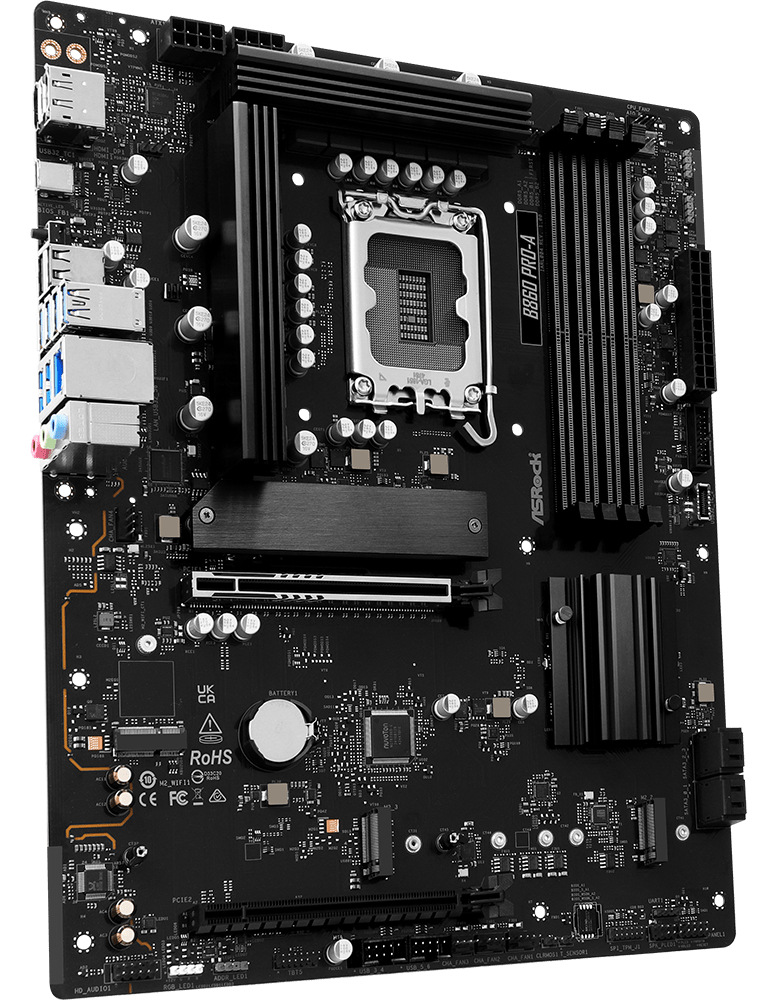 ASRock B860 Pro-A prezentovaná v minimalistickom tmavom prostredí s dôrazom na robustnú konštrukciu