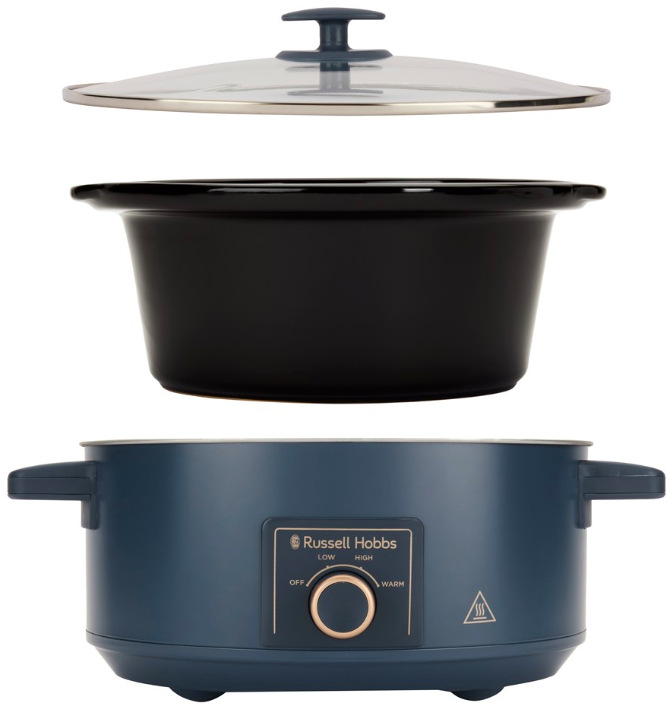 Pomalý hrniec RUSSELL HOBBS Soft Navy 28780-56 modrý Rozložený pohľad na hrniec s odnímateľnou keramickou nádobou a skleneným vekom