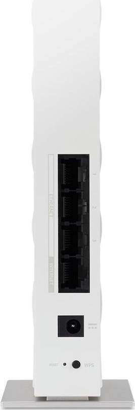 Router Acer Connect Wave 7 - Wifi 7 Mesh Router/DualPack Biely router Acer Connect Wave 7 vo zvislom prevedení na podstavci. Na zadnej strane sú štyri sieťové RJ-45 porty – horné pre internetové/WAN pripojenie a tri pre LAN zariadenia. Pod nimi je okrúhly napájací konektor, dole malé tlačidlo Reset a tlačidlo WPS.