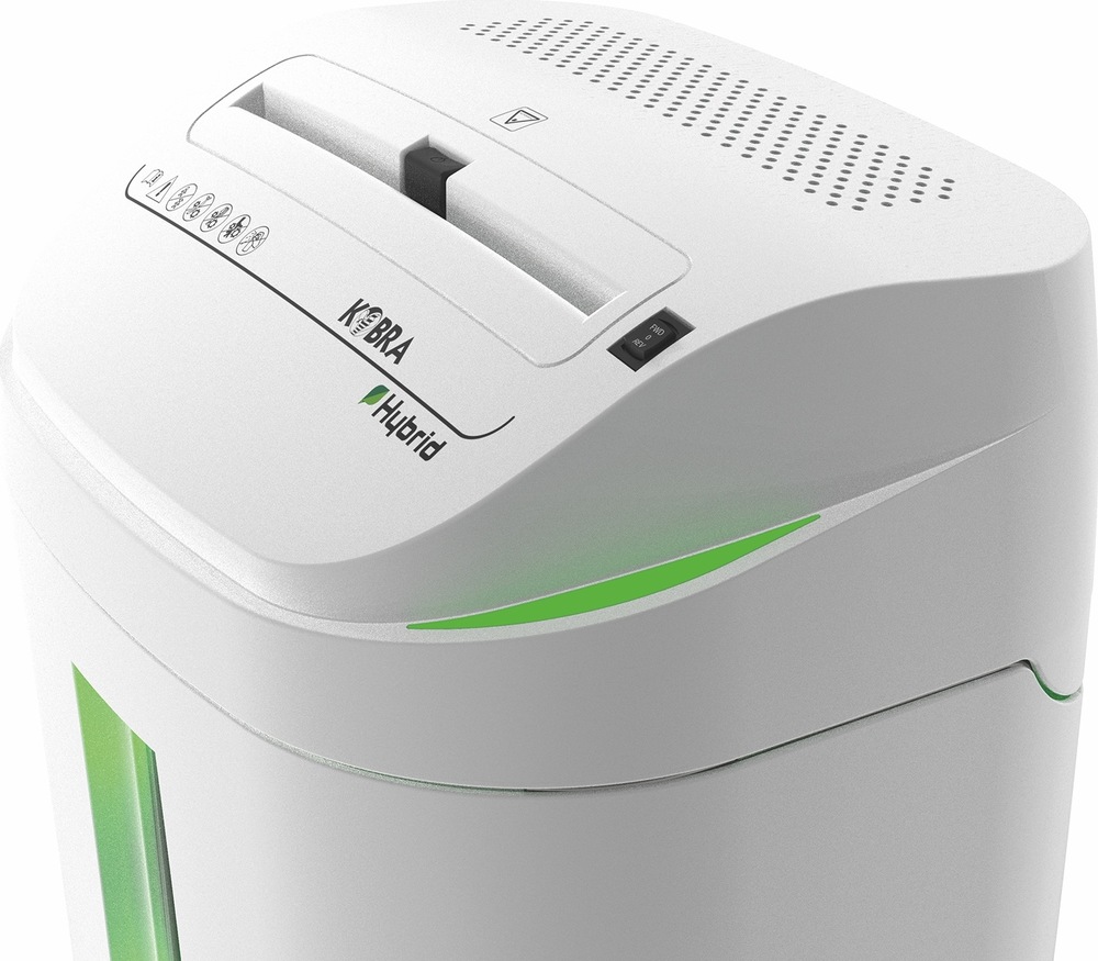 Skartovač KOBRA S4-HYBRID, A4, 22 listov, 40l, P2 biely/zelený Detail hornej časti skartovača KOBRA S4-HYBRID so vstupným otvorom a prepínačom chodu.