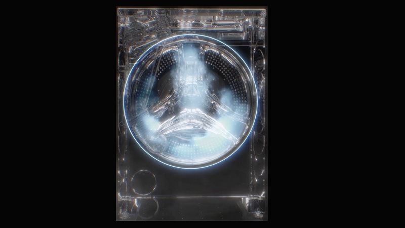 Štylizovaný pohľad na priehľadnú prednú časť práčky so sušičkou haier HWD120BD16397EUS s osvetleným bubnom a futuristickým efektom