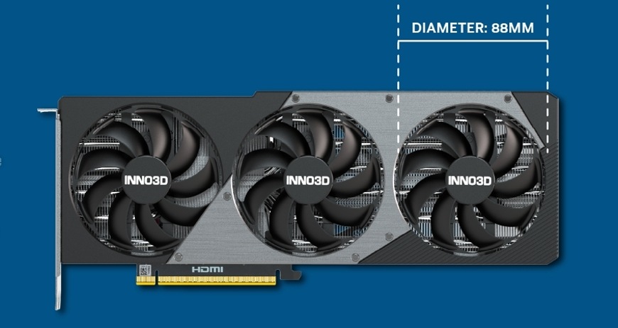 Detail trojice 88mm ventilátorov grafickej karty INNO3D GeForce RTX 5070 Ti X3