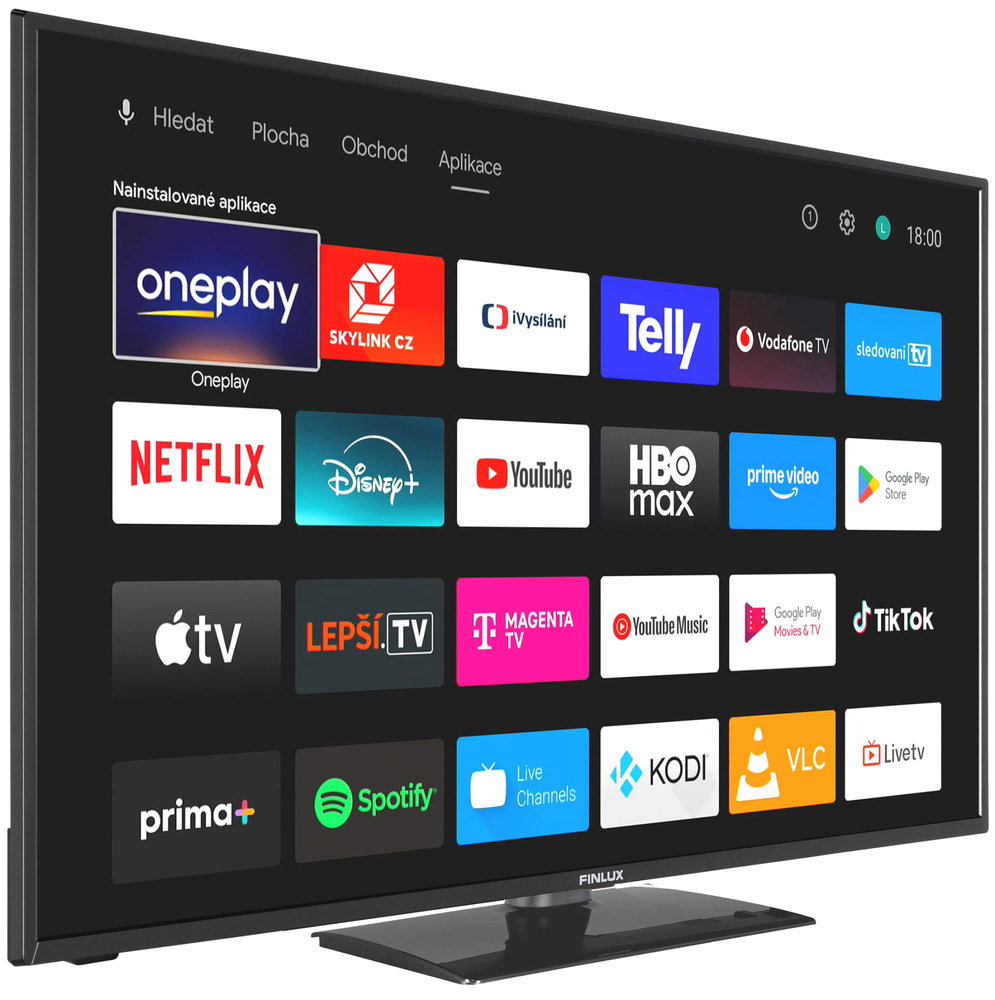 Televízor Finlux 24FHI5671 Televízia Finlux 24FHI5671 natočená mierne doprava, na obrazovke televízie je prehľad aplikácií