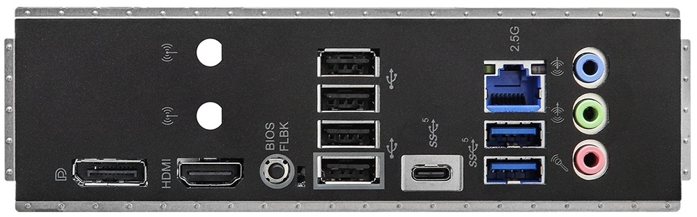 Základná doska ASRock B650M-HDV/M.2 Na zadnom paneli je vidieť HDMI a DisplayPort pre monitor (fungujú s CPU s integrovanou grafikou), vedľa nich RJ-45 pre 2,5 Gb LAN a USB porty: 1× USB-C (USB 3.2 Gen1), 2× USB 3.2 Gen1 a 4× USB 2.0. Nechýba tlačidlo BIOS Flashback a 3× 3,5 mm audio jack.