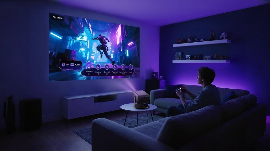 Laser TV Hisense C3 osoba hrá akčnú hru na Laser TV Hisense C3