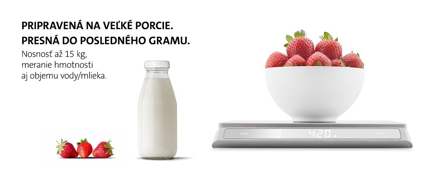 Kuchynská váha ETA Grande 9770 90000 nerez Kuchynská váha ETA Grande v nerezovom prevedení s bielou miskou lieskových orechov, zobrazujúca hmotnosť 470 g na digitálnom LED displeji