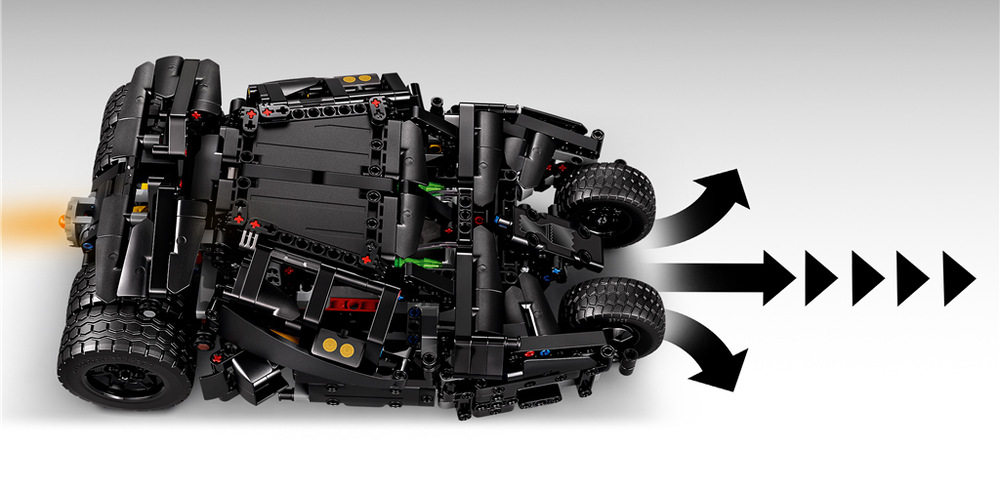 Rozsvietený tryskový motor, pohyb a digitálne ovládanie premení Batmobile na akčnú hračku.