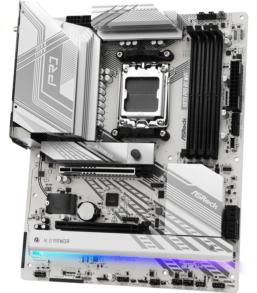 Základná doska ASRock X870 PRO RS WIFI v bielom prevedení s päticou AM5 a masívnymi chladičmi