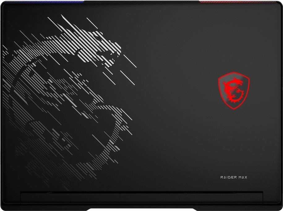 Notebook MSI Raider 16 Max HX B2WH-244CZ čierny Zatvorené veko notebooku MSI Raider 16 Max HX B2W s logom MSI, grafickým motívom draka a označením Raider Max