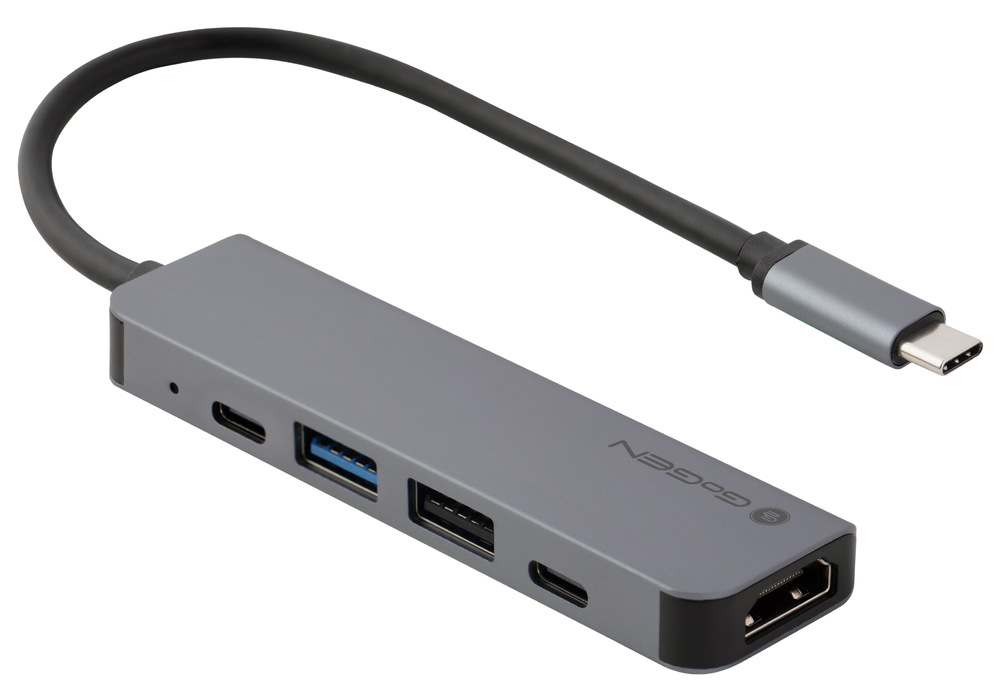Sivý kovový USB-C hub GoGEN s portami HDMI, USB-A a USB-C