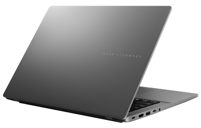 Zadný pohľad na ASUS Vivobook S14 s hliníkovým vekom a bočnými konektormi