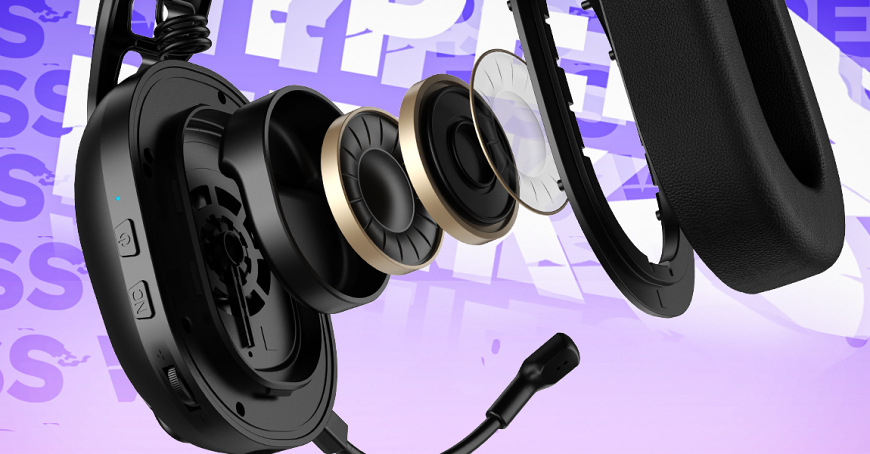 Headset HATOR Hyperpunk 3 biely Rozložená vizualizácia vnútorných častí mušle čierneho headsetu HATOR Hyperpunk 3 Wireless